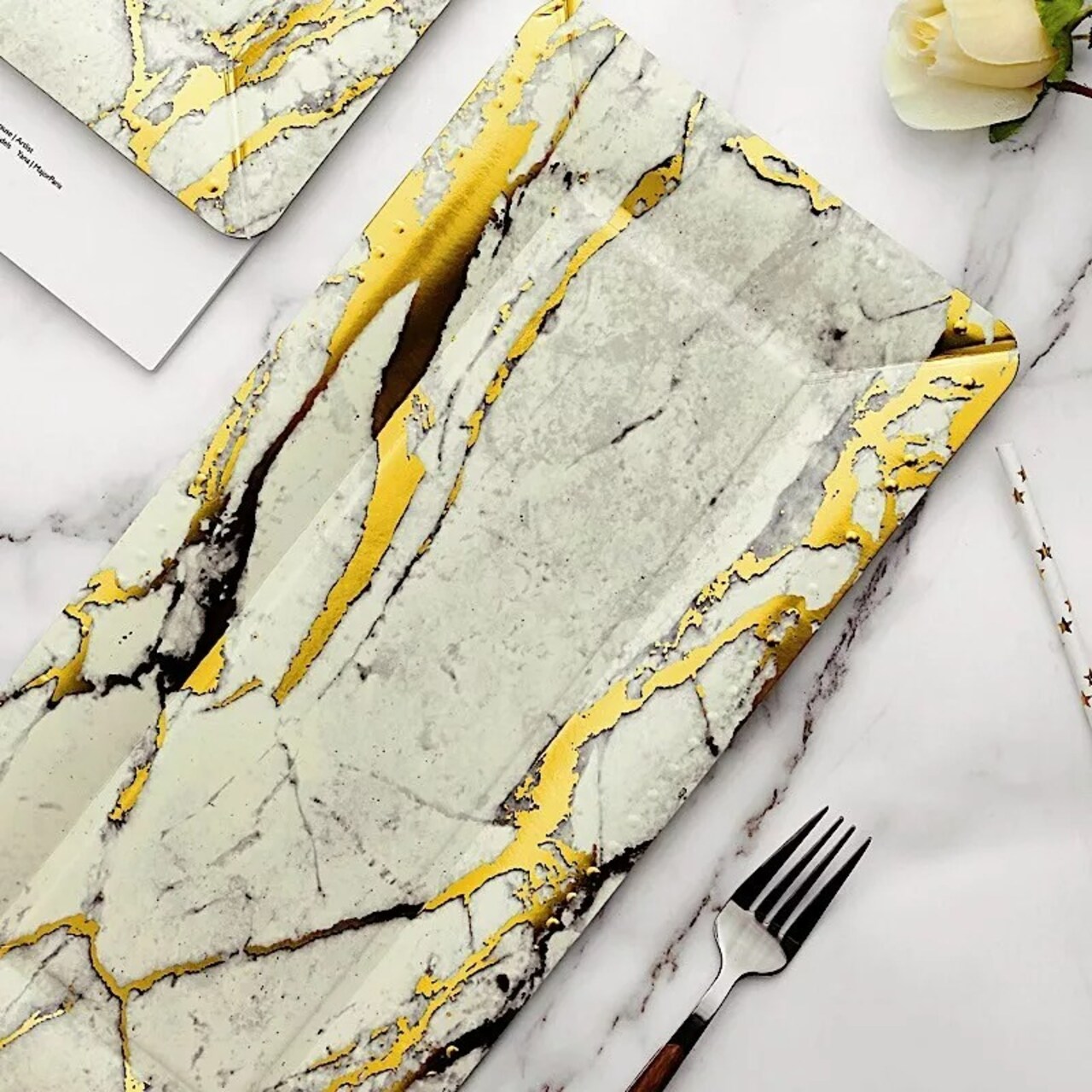 10 pcs 16" Ivory Gold long Rectangle Paper Serving Trays Marble Design